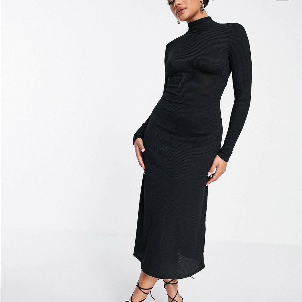 Asos high neck long sleeve midi dress with tie back in black sz 6
